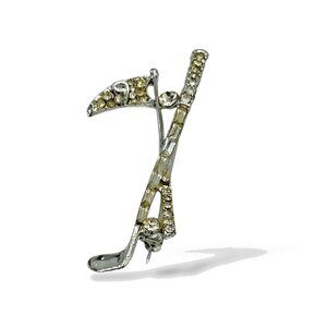 Vintage 1940s Silver Rhinestone Golf Brooch Pin 9th Hole Club Ball Flag